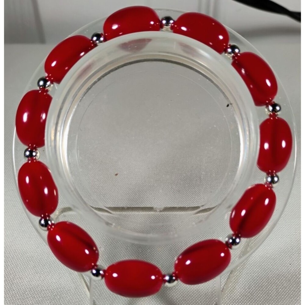 Vintage Stretch Bracelet Glossy Red Oval Beads & Small Silver Tone Spacer Beads